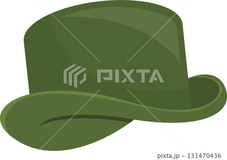 Illustration of a green bowler hat on a black background, evoking vintage or characterful fashion. 131470436
