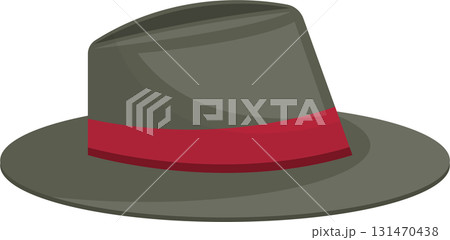 A grey hat with a red band is presented against a black backdrop in a digitally-rendered image. A grey hat with a red band is presented against a black backdrop in a digitally-rendered image. 131470438