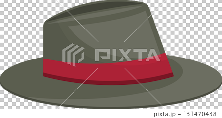A grey hat with a red band is presented against a black backdrop in a digitally-rendered image. A grey hat with a red band is presented against a black backdrop in a digitally-rendered image. 131470438