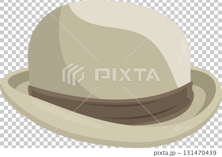 Classic bowler hat with neutral tones and brown ribbon accent, symbolizing vintage fashion. 131470439