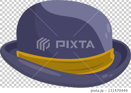 Illustration of a stylish bowler hat in blue with a gold band around it, set against black 131470444