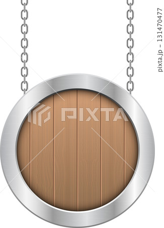 Rustic wooden sign with a silver frame suspended by metal chains, isolated on a black background. 131470477