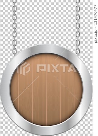 Rustic wooden sign with a silver frame suspended by metal chains, isolated on a black background. 131470477
