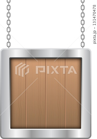 Wooden plank signboard hangs from silver chains against a black background for announcements. 131470478