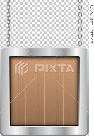Wooden plank signboard hangs from silver chains against a black background for announcements. 131470478