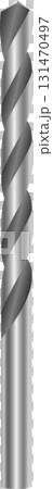 Close-up of a metal drill bit with a silver color and a spiraling design against a black background. 131470497