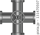 Metal industrial pipes connecting in a cross shape with a central valve for control. 131470507