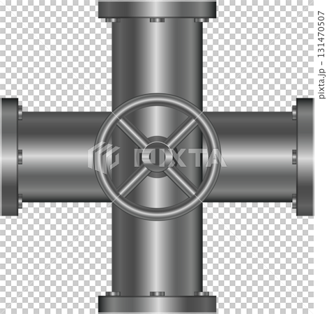 Metal industrial pipes connecting in a cross shape with a central valve for control. 131470507