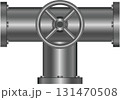 Metallic pipeline valve with wheel control, shown on a black background in a studio shot. 131470508