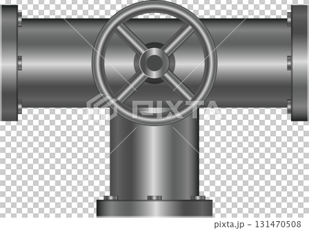 Metallic pipeline valve with wheel control, shown on a black background in a studio shot. 131470508