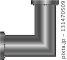 A metallic pipe makes a ninety degree turn, affixed with bolts and flanges against black background. 131470509
