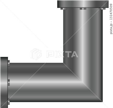 A metallic pipe makes a ninety degree turn, affixed with bolts and flanges against black background. A metallic pipe makes a ninety degree turn, affixed with bolts and flanges against black background. 131470509