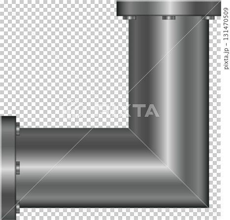 A metallic pipe makes a ninety degree turn, affixed with bolts and flanges against black background. A metallic pipe makes a ninety degree turn, affixed with bolts and flanges against black background. 131470509