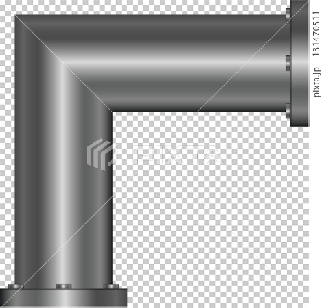 A 90-degree metallic pipe fitting with flanged ends and visible fasteners is shown against black. 131470511