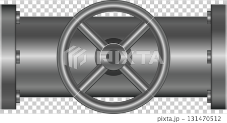 Metallic pipeline with central valve, a control point in a industrial or infrastructure setup. 131470512