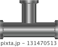Metallic pipe T-joint fitting with flange connectors and bolt details on a black background. 131470513