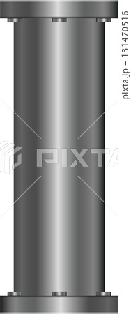 Silver metal cylinder supported by horizontal bars, set against a plain black background. Silver metal cylinder supported by horizontal bars, set against a plain black background. 131470516