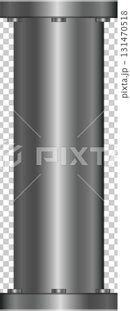 A cylindrical gray object with metallic shine, bolted to surfaces against a dark background. 131470518