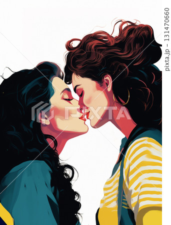 Two brunette women depicted in early 2000s style, shown from the shoulders up. Their lips nearly touch, eyes half-closed, sharing a close, intimate moment. The scene captures the tension and tendernes 131470660