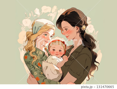 Two women as a couple holding their baby, smiling and leaning to the child. Vintage family portrait, early 20th century style. Two women as a couple holding their baby, smiling and leaning to the child. Vintage family portrait, early 20th century style. 131470665