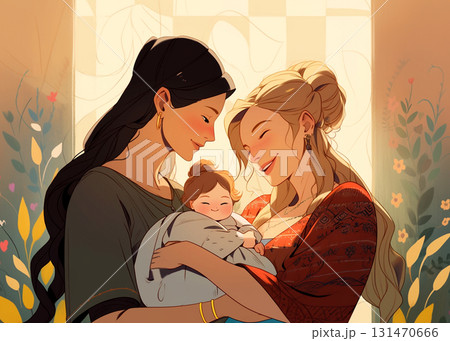 Two women as a couple holding their baby, smiling and leaning to the child. Vintage family portrait, early 20th century style. 131470666