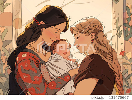 Two women as a couple holding their baby, smiling and leaning to the child. Vintage family portrait, early 20th century style. 131470667