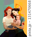 Two women as a couple holding their baby, smiling and leaning to the child. Family portrait 131470668