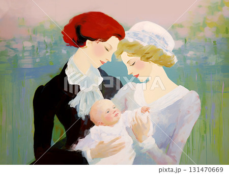 Two women as a couple holding their baby, smiling and leaning to the child. Vintage family portrait, early 20th century style. 131470669