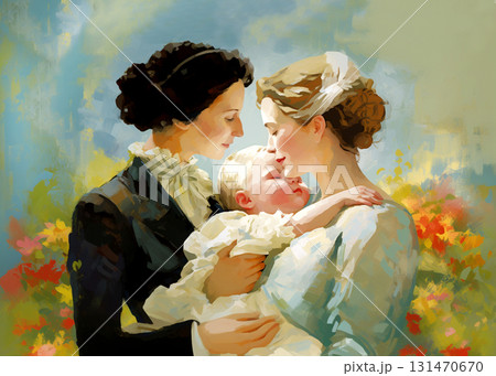 Two women as a couple holding their baby, smiling and leaning to the child. Vintage family portrait, early 20th century style. 131470670