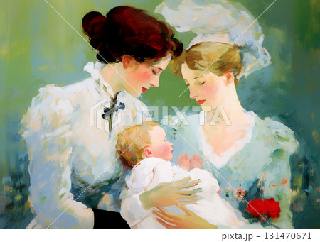 Two women as a couple holding their baby, smiling and leaning to the child. Vintage family portrait, early 20th century style. 131470671