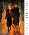 Two teenage girls in black autumn coats walk hand in hand along a road through a dark autumn forest, painted in impressionist 20th century style. One of them holds a red dog on a leash 131470672