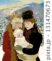 Two women as a couple holding their baby, smiling and leaning to the child. Vintage family portrait, early 20th century style. 131470673