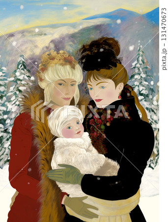 Two women as a couple holding their baby, smiling and leaning to the child. Vintage family portrait, early 20th century style. Two women as a couple holding their baby, smiling and leaning to the child. Vintage family portrait, early 20th century style. 131470673