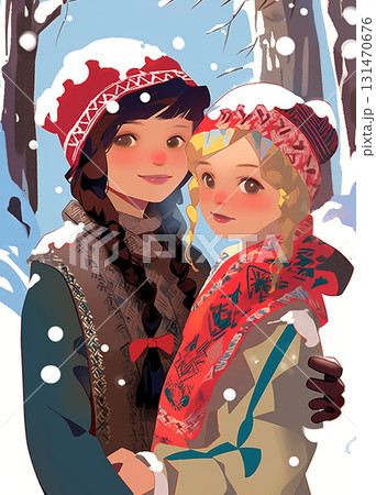 Two teenage girls outdoors in winter, hugging each other and looking at the camera. One brunette and one blonde, both wearing knitted hats. Snow is falling, they appear happy and in love. 131470676