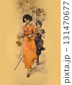 Two women walking toward the viewer, one in a black dress and the other in a yellow dress. Ink drawing imitation on toned yellowish paper. Vintage early 20th century style, fashion illustration  131470677