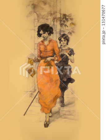Two women walking toward the viewer, one in a black dress and the other in a yellow dress. Ink drawing imitation on toned yellowish paper. Vintage early 20th century style, fashion illustration Two women walking toward the viewer, one in a black dress and the other in a yellow dress. Ink drawing imitation on toned yellowish paper. Vintage early 20th century style, fashion illustration 131470677