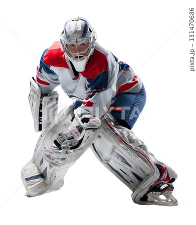 Ice Hockey Goalie Ready in Red, White and Blue Gear 131470686