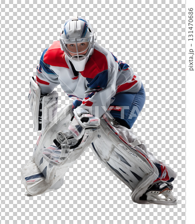 Ice Hockey Goalie Ready in Red, White and Blue Gear 131470686