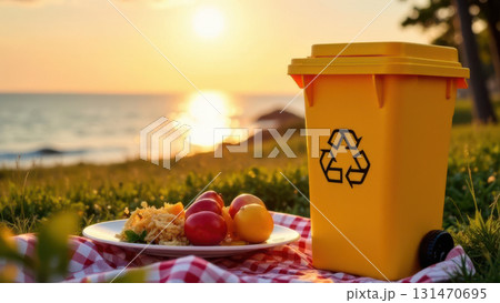 Recycling bin and leftover food on picnic blanket at sunset Recycling bin and leftover food on picnic blanket at sunset 131470695