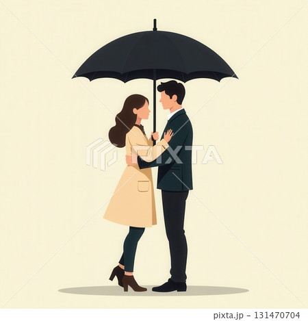 Couple sharing umbrella embracing each other on rainy day Couple sharing umbrella embracing each other on rainy day 131470704
