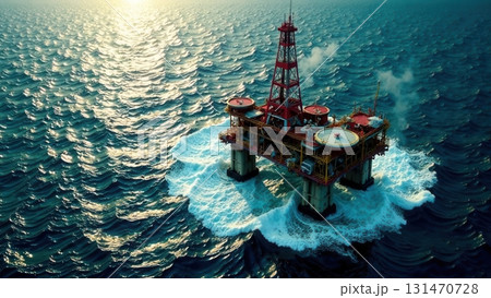 Offshore oil rig extracting petroleum on rough sea at sunset Offshore oil rig extracting petroleum on rough sea at sunset 131470728