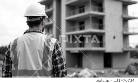 Construction engineer inspecting building progress at construction site 131470734