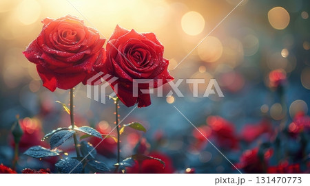 Two Red Roses Blooming in Golden Sunlight with Dew Drops Two Red Roses Blooming in Golden Sunlight with Dew Drops 131470773