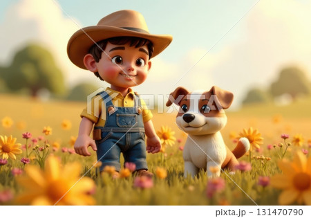 Young farmer with his dog standing in a field of flowers 131470790