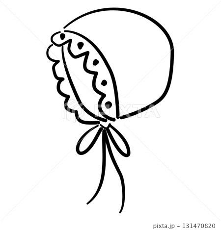Baby bonnet vintage bonnet with lace detail baby shower line art doodle illustration hand drawn black and white outline sketch for invitations stickers patterns and crafts Baby bonnet vintage bonnet with lace detail baby shower line art doodle illustration hand drawn black and white outline sketch for invitations stickers patterns and crafts 131470820