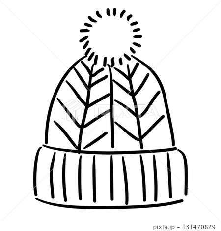 Baby hat knit hat with pom-pom on top baby shower line art doodle illustration hand drawn black and white outline sketch for invitations stickers patterns and crafts Baby hat knit hat with pom-pom on top baby shower line art doodle illustration hand drawn black and white outline sketch for invitations stickers patterns and crafts 131470829