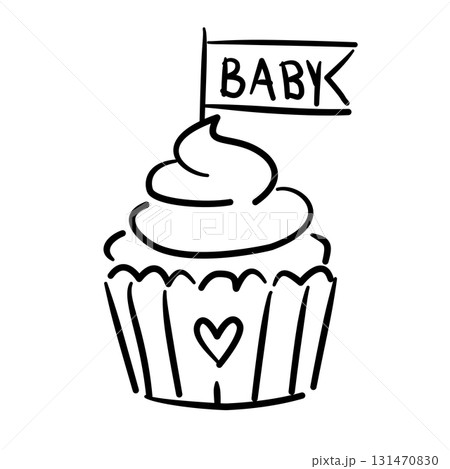 Cupcake with baby topper simple cupcake with Baby flag baby shower line art doodle illustration hand drawn black and white outline sketch for invitations stickers patterns and crafts Cupcake with baby topper simple cupcake with Baby flag baby shower line art doodle illustration hand drawn black and white outline sketch for invitations stickers patterns and crafts 131470830
