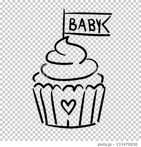 Cupcake with baby topper simple cupcake with Baby flag baby shower line art doodle illustration hand drawn black and white outline sketch for invitations stickers patterns and crafts Cupcake with baby topper simple cupcake with Baby flag baby shower line art doodle illustration hand drawn black and white outline sketch for invitations stickers patterns and crafts 131470830