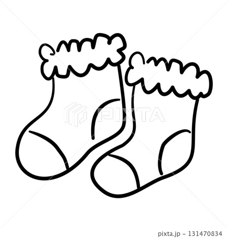 pair of tiny socks with lace trim baby shower line art doodle illustration hand drawn black and white outline sketch for invitations stickers patterns and crafts 131470834