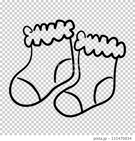 pair of tiny socks with lace trim baby shower line art doodle illustration hand drawn black and white outline sketch for invitations stickers patterns and crafts 131470834
